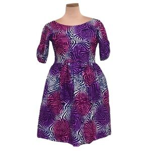 Vintage Dress Size 6 Purple Pink Black Tie Dye Geometric Print